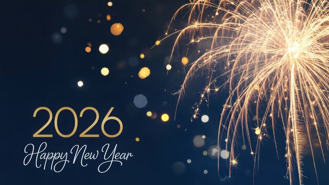 Golden 2026 text with happy new year greeting and bright sparkling fireworks exploding against a dark blue night sky background