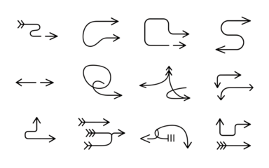 Assortment of modern black arrow symbols with clean lines and varied styles, isolated on transparent background