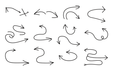 Set of handdrawn black arrow doodles with diverse forms and orientations, isolated on transparent background