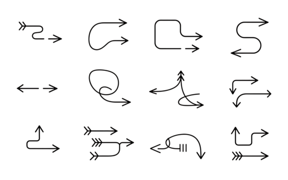 Assortment of modern black arrow symbols with clean lines and varied styles, isolated on transparent background