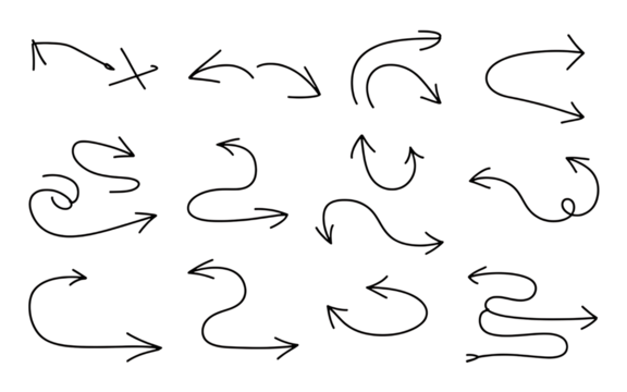 Set of handdrawn black arrow doodles with diverse forms and orientations, isolated on transparent background