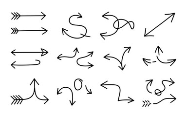Assortment of sketched arrow symbols in various forms and orientations, isolated on transparent background