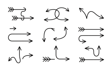 Assortment of sketched arrow elements showing various paths and orientations, isolated on transparent background