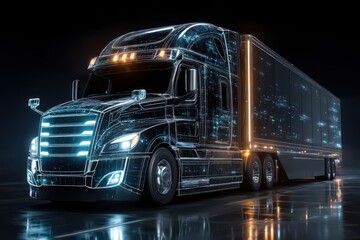Futuristic glowing digital semi-truck design on a dark studio background