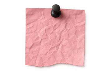 Crumpled pink paper note pinned with a thumbtack, empty torn document for memo or reminder concept