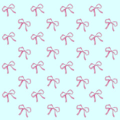 Pink ribbon bow seamless pattern on light blue background
