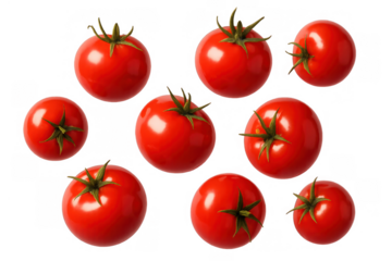 Group of ripe red tomatoes with green calyxes, raw whole vegetables in a healthy food composition on a transparent background