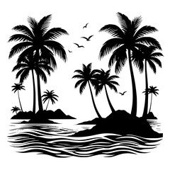 Black and white tropical island with palm trees silhouette vector design