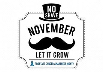 No shave november text with mustache and prostate cancer awareness ribbon isolated on white background