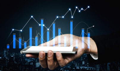 A modern smartphone displays dynamic graphs and data trends against a city skyline, symbolizing...