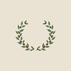 Illustration of a wreath with green leaves and brown coffee beans on a light beige background