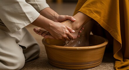 A person washes another persons feet in a wooden bowl with water, symbolizing humility and service