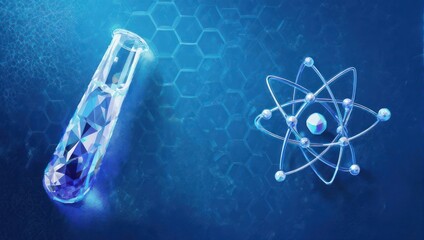 Science and Technology - Test Tube and Atom Model on Blue Background.