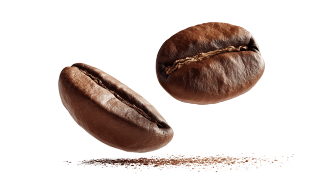 Freshly roasted coffee beans flying above ground coffee in a bright and clean background Generative AI