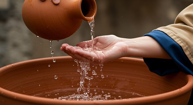 A person pours water from a clay jug into another persons cupped hand over a basin