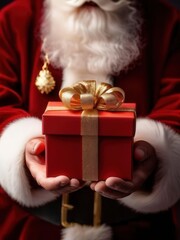 Obraz premium Santa Claus in his red suit holds a bright red gift box with a golden bow, offering it warmly — festive, joyful, and perfect for holiday greetings or Christmas promotions.