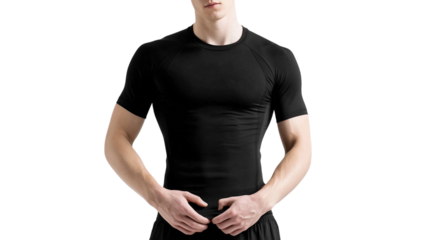 Athletic man poses confidently in fitted black shirt while showcasing fitness and strength in a clean background setting Generative AI