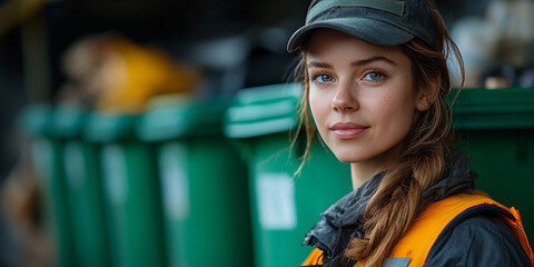 Young female garbage collector working with green bins Generative AI