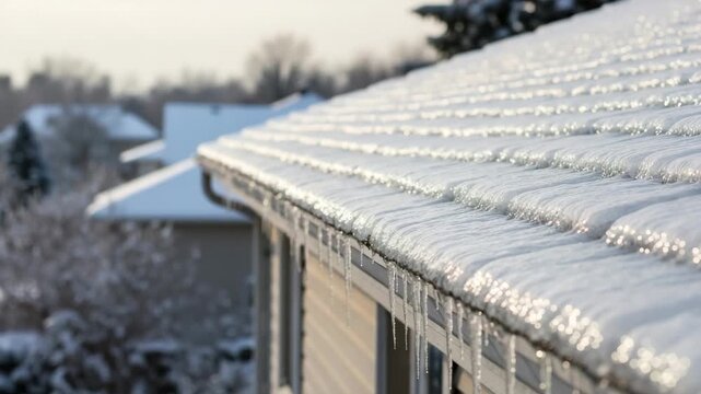 A house roof covered in snow and ice with icicles hanging from the gutter. Close-up of a frozen rooftop on a sunny winter day. Winter weather and potential ice dam problem