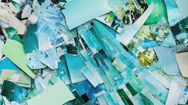 A stack of blue and green images, possibly representing artwork or decorative items