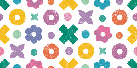 Playful retro geometric shapes pattern with textured flowers circles and squares in vibrant colors