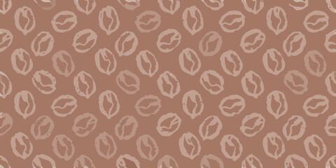 Seamless pattern of stylized coffee beans in a repeating arrangement on a warm brown background
