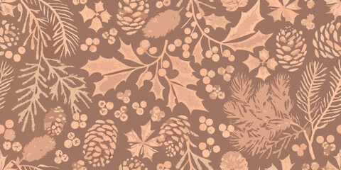 Rustic winter botanical pattern with pine cones holly berries and pine needles