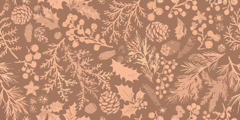 Seamless pattern of natural winter foliage and pine cones in warm earthy tones