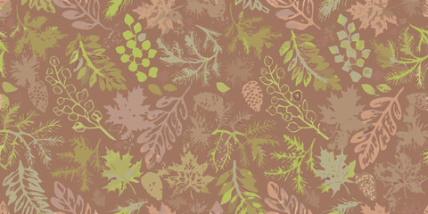 Seamless pattern of hand drawn autumn leaves pine needles and pine cones in muted earthy tones