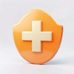 Fototapeta premium Isolated orange shield first aid 3D icon on white clean background, perfect for modern medical, healthcare, protective, and emergency service digital design elements