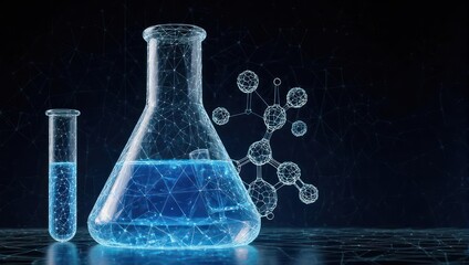 Science Beakers with Blue Liquid and Molecular Structure Illustration.