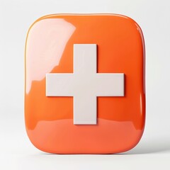 Fototapeta premium Modern 3D render of orange shield icon with first aid cross isolated on solid white background, ideal for emergency, protective, or medical service design projects