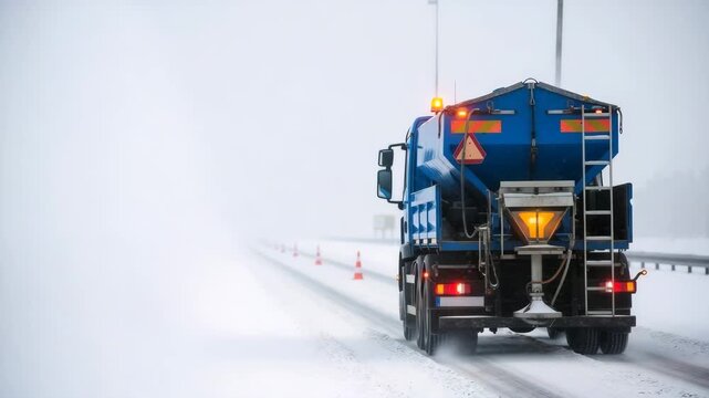 A salt spreader truck driving on a snowy highway during a winter storm. Road maintenance vehicle clearing ice and snow. Vertical video with copy space for text