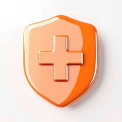 Obraz premium Glossy 3D orange first aid shield isolated on white background, minimal style suitable for medical, healthcare, safety, emergency, or first aid digital projects