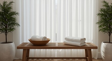 A serene spa or wellness room with folded white towels on a wooden bench between potted plants
