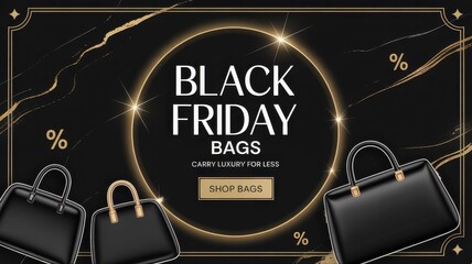 Black & Gold Luxury Black Friday Sale Banner &mdash; Glossy Leather Handbags with Gold Hardware, Black Marble Background