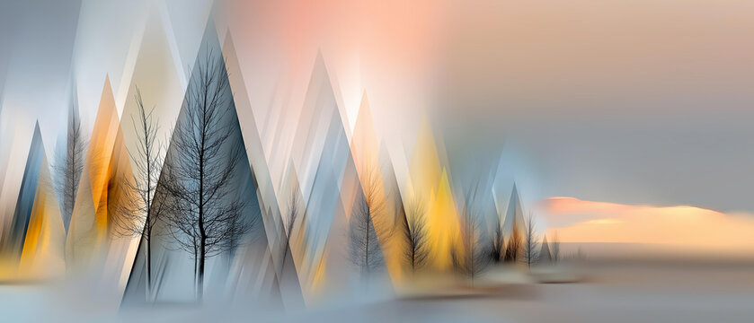 Soft pastel winter tones with minimal geometric tree shapes, abstract art, blurred background, with copy space - Powered by Adobe