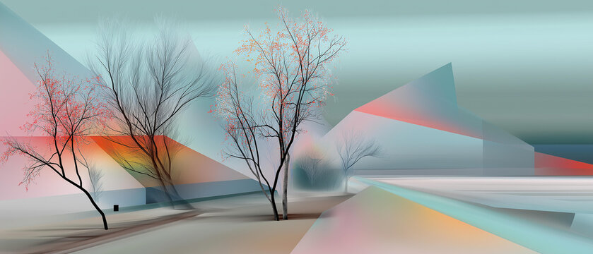 Soft pastel winter tones with minimal geometric tree shapes, abstract art, blurred background, with copy space - Powered by Adobe