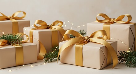 Beautifully wrapped gift boxes with golden ribbon and festive green pine branches