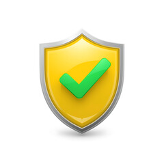 The 3D illustration features a yellow security shield with a silver border and a large green check mark, symbolizing protection, safety, or verification, with a modern, clean design.