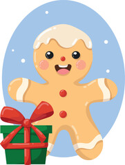 Cute gingerbread man with gift box and red bow on blue background. Christmas holiday illustration, festive cookie character, vector art.