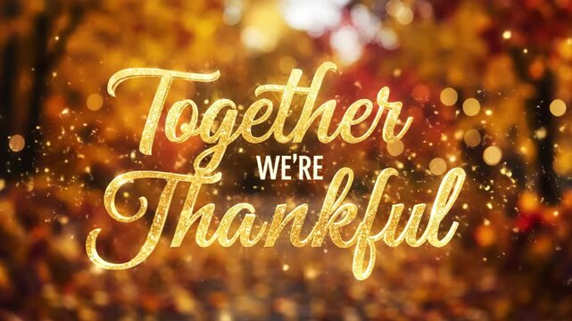 Together we're thankful sparkling text on bokeh fall background. Thanksgiving holiday greeting card video.