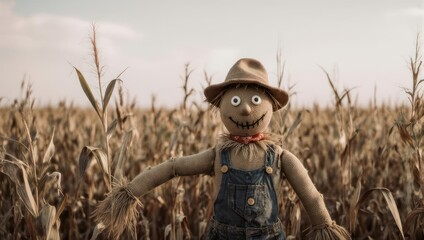 Scarecrow in a Cornfield - A Rustic Harvest Scene.