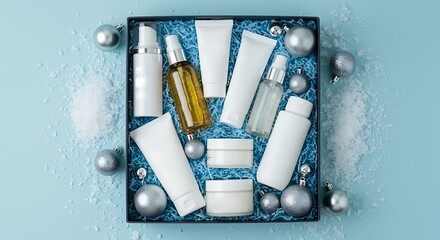 Flat lay of assorted skincare products in a gift box with festive christmas ornaments and snow