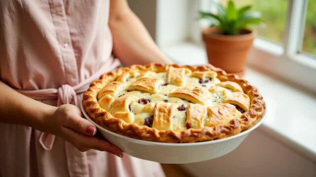 Freshly baked pie held by woman in pink dress by window with potted plant, showcasing delicious homemade dessert filled with fruits and crumbly crust. Ideal for food blogs, cookbooks,