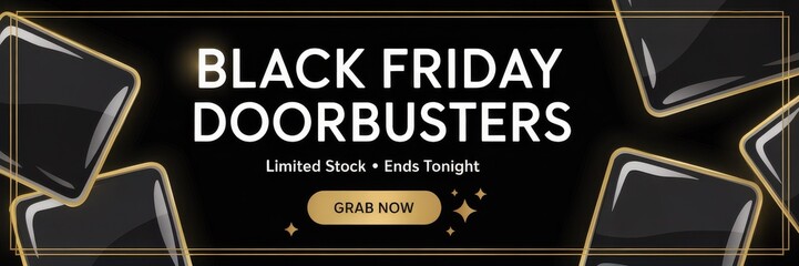 Obraz premium Black Friday Doorbuster Banner — Black & Gold Luxury, Limited Stock