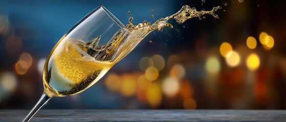 Elegant champagne splash with golden bokeh, celebration energy, blurred background, with copy space