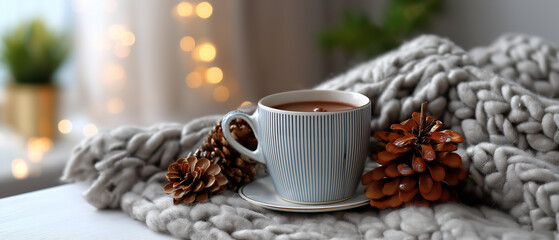 Cozy knitted blanket, cup of cocoa, pinecones and soft light, hygge mood, blurred background, with copy space