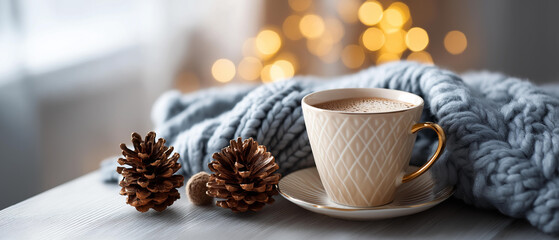 Cozy knitted blanket, cup of cocoa, pinecones and soft light, hygge mood, blurred background, with copy space
