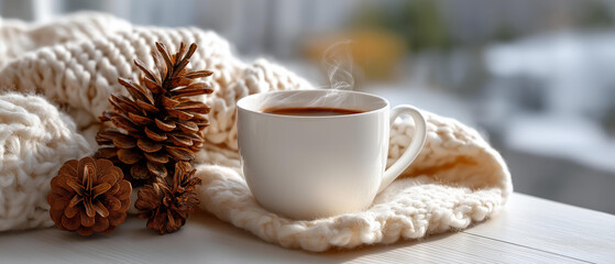Cozy knitted blanket, cup of cocoa, pinecones and soft light, hygge mood, blurred background, with copy space